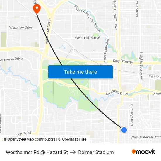 Westheimer Rd @ Hazard St to Delmar Stadium map