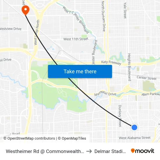 Westheimer Rd @ Commonwealth St to Delmar Stadium map