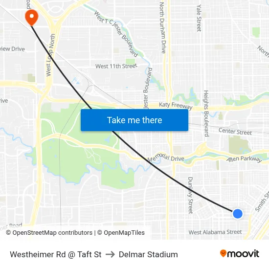 Westheimer Rd @ Taft St to Delmar Stadium map