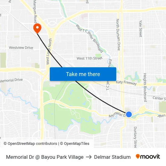 Memorial Dr @ Bayou Park Village to Delmar Stadium map