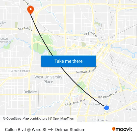 Cullen Blvd @ Ward St to Delmar Stadium map