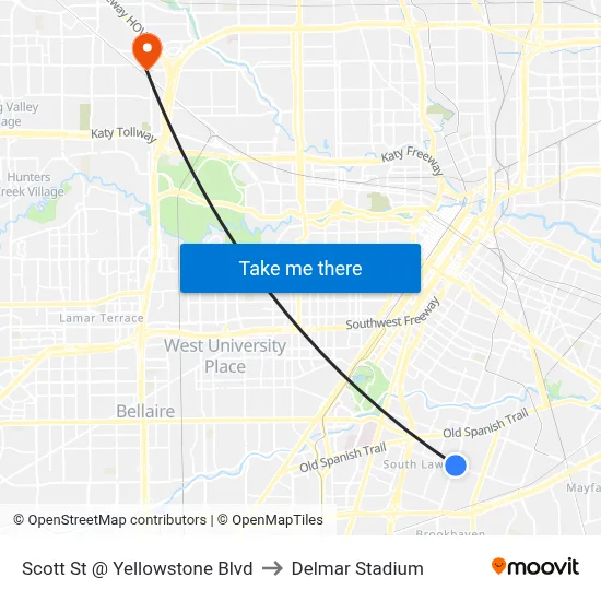 Scott St @ Yellowstone Blvd to Delmar Stadium map