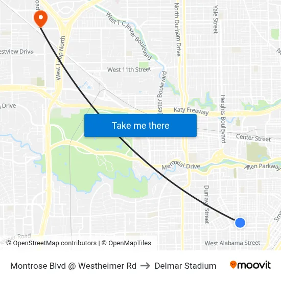 Montrose Blvd @ Westheimer Rd to Delmar Stadium map