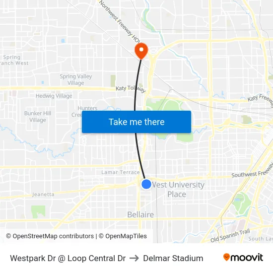 Westpark Dr @ Loop Central Dr to Delmar Stadium map