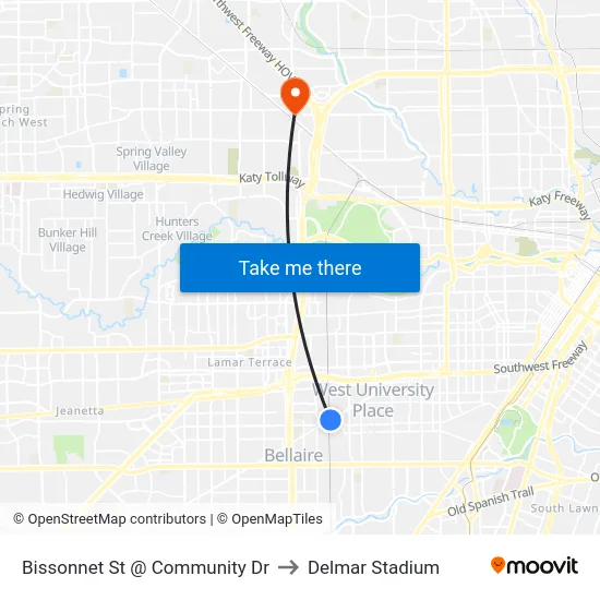 Bissonnet St @ Community Dr to Delmar Stadium map