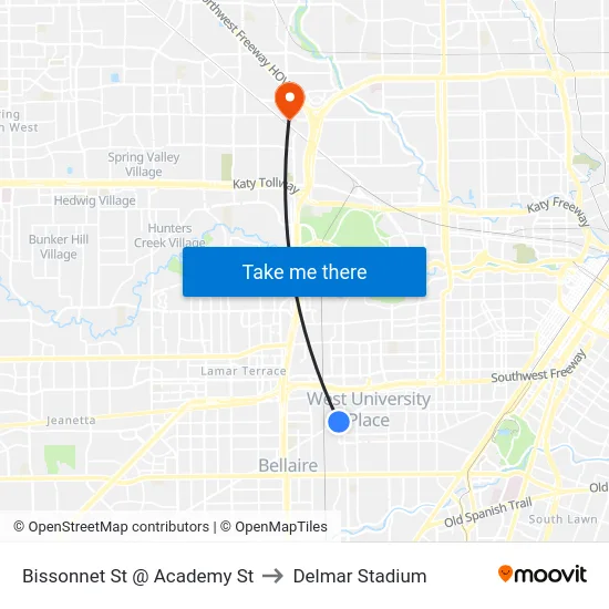 Bissonnet St @ Academy St to Delmar Stadium map