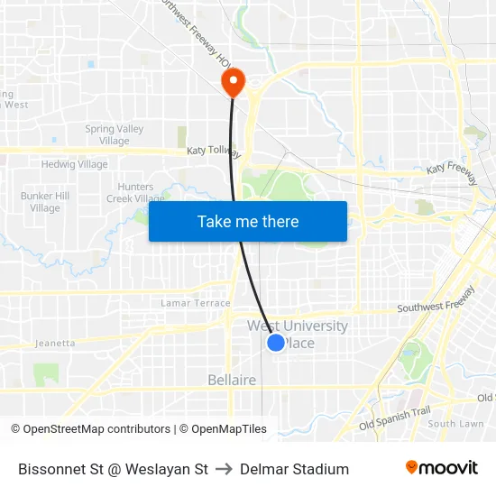 Bissonnet St @ Weslayan St to Delmar Stadium map