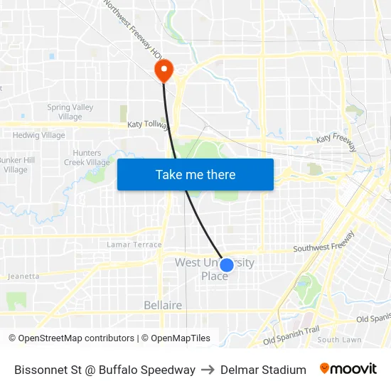 Bissonnet St @ Buffalo Speedway to Delmar Stadium map