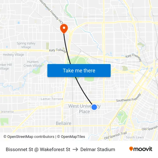 Bissonnet St @ Wakeforest St to Delmar Stadium map