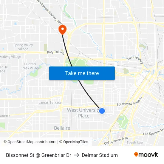 Bissonnet St @ Greenbriar Dr to Delmar Stadium map