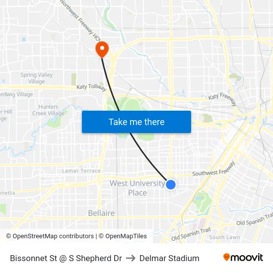 Bissonnet St @ S Shepherd Dr to Delmar Stadium map