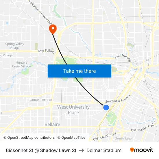 Bissonnet St @ Shadow Lawn St to Delmar Stadium map