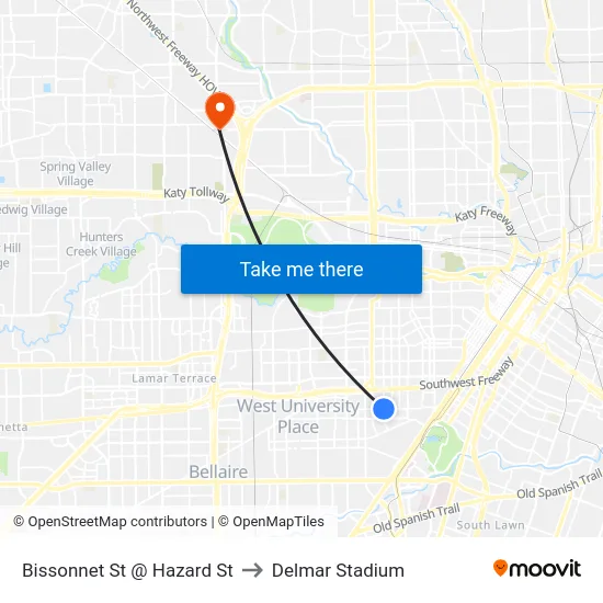 Bissonnet St @ Hazard St to Delmar Stadium map