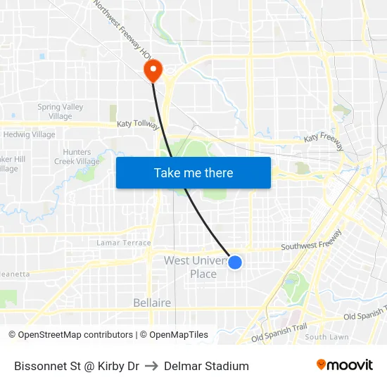 Bissonnet St @ Kirby Dr to Delmar Stadium map