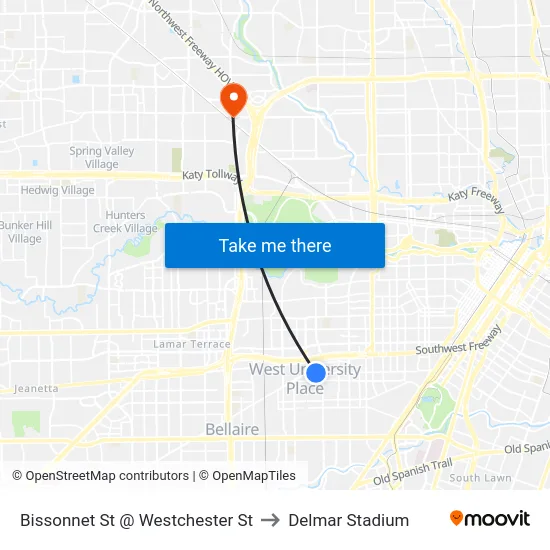 Bissonnet St @ Westchester St to Delmar Stadium map