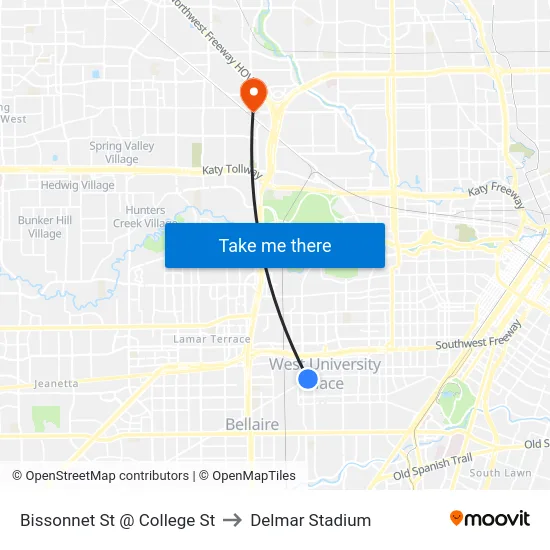 Bissonnet St @ College St to Delmar Stadium map