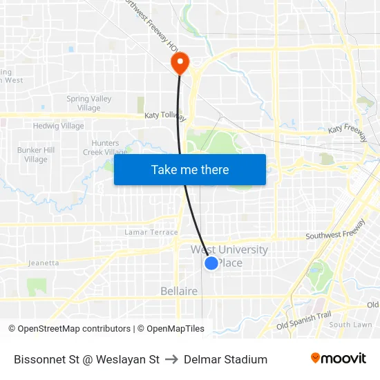 Bissonnet St @ Weslayan St to Delmar Stadium map