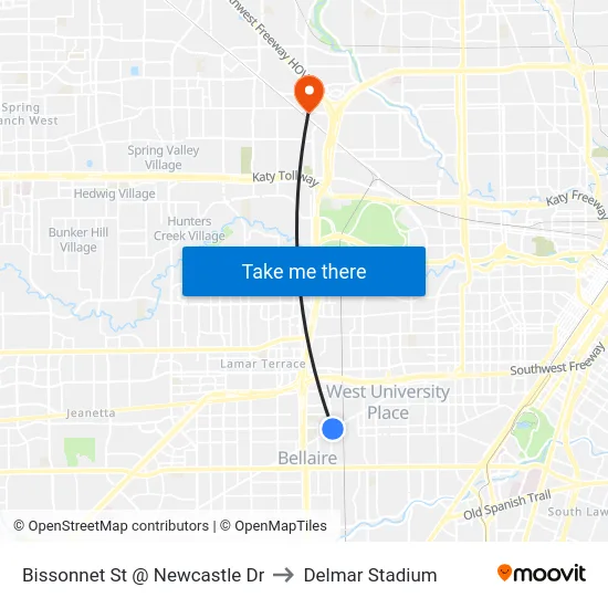 Bissonnet St @ Newcastle Dr to Delmar Stadium map
