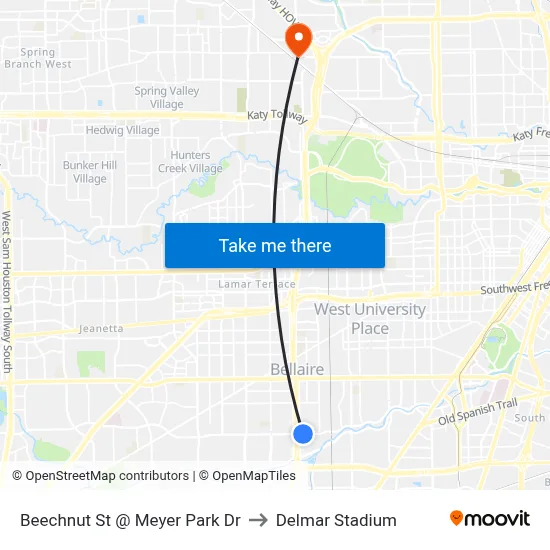 Beechnut St @ Meyer Park Dr to Delmar Stadium map