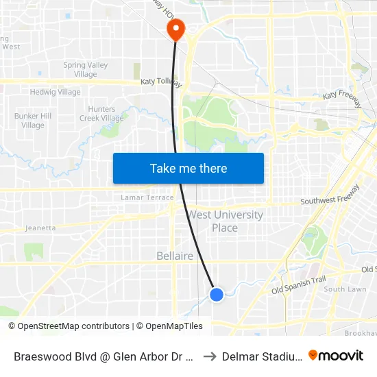 Braeswood Blvd @ Glen Arbor Dr MB to Delmar Stadium map