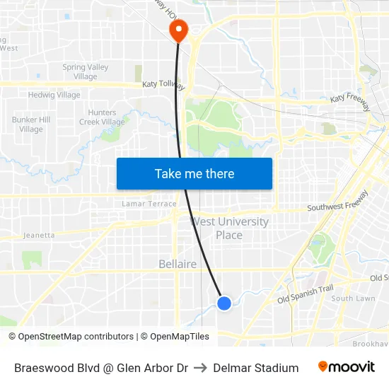 Braeswood Blvd @ Glen Arbor Dr to Delmar Stadium map