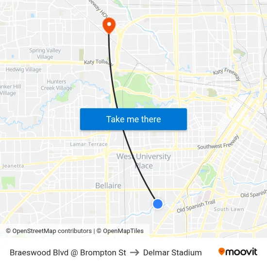 Braeswood Blvd @ Brompton St to Delmar Stadium map