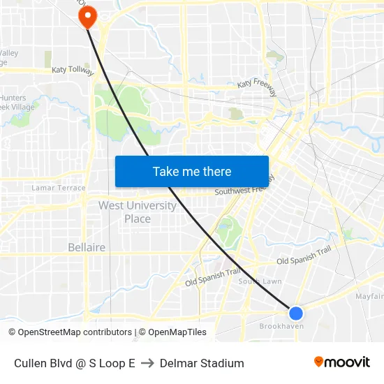 Cullen Blvd @ S Loop E to Delmar Stadium map
