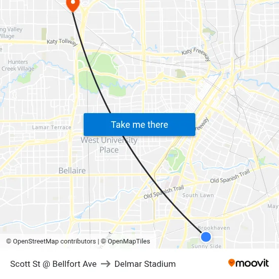 Scott St @ Bellfort Ave to Delmar Stadium map
