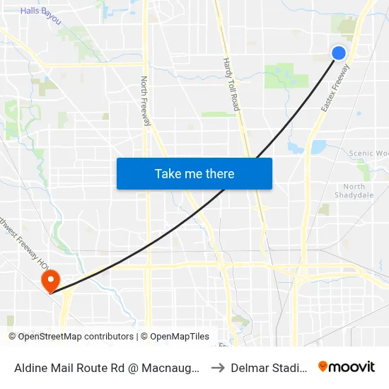 Aldine Mail Route Rd @ Macnaughton to Delmar Stadium map