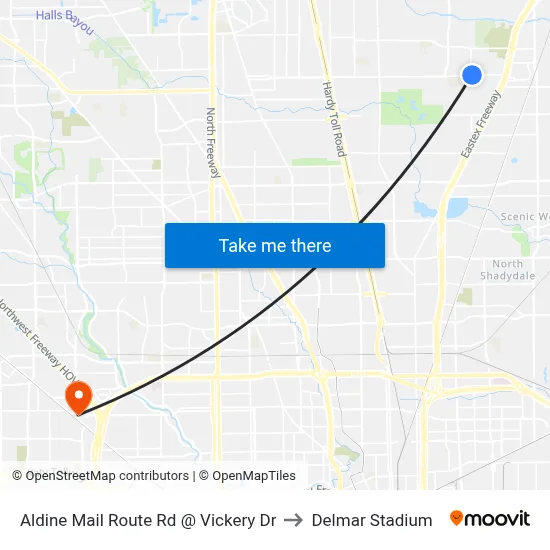 Aldine Mail Route Rd @ Vickery Dr to Delmar Stadium map