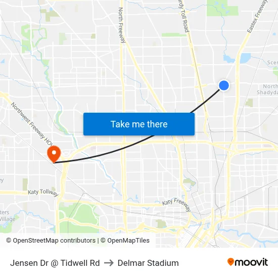 Jensen Dr @ Tidwell Rd to Delmar Stadium map