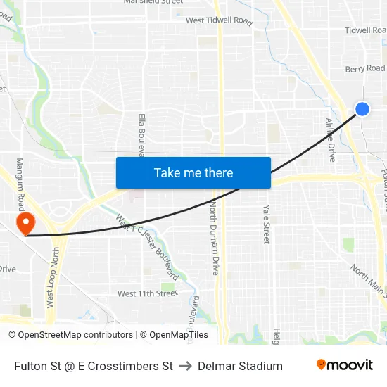 Fulton St @ E Crosstimbers St to Delmar Stadium map