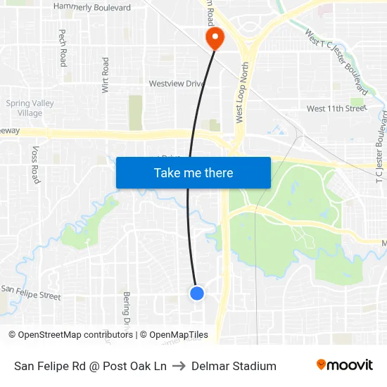 San Felipe Rd @ Post Oak Ln to Delmar Stadium map