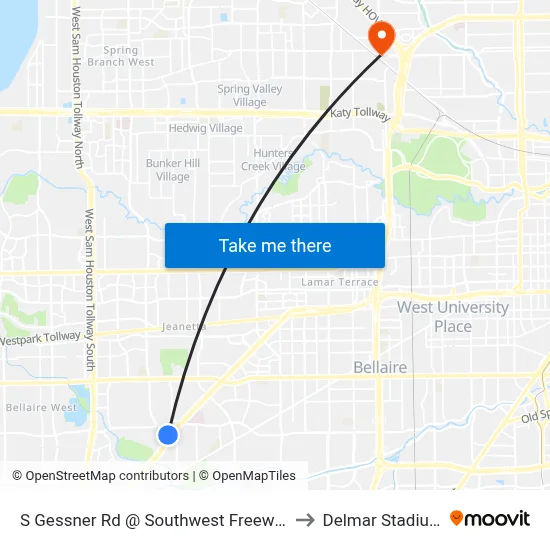 S Gessner Rd @ Southwest Freeway to Delmar Stadium map