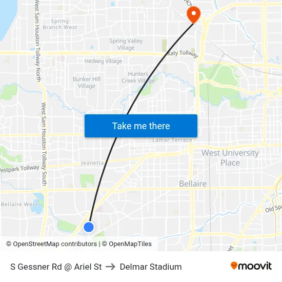 S Gessner Rd @ Ariel St to Delmar Stadium map