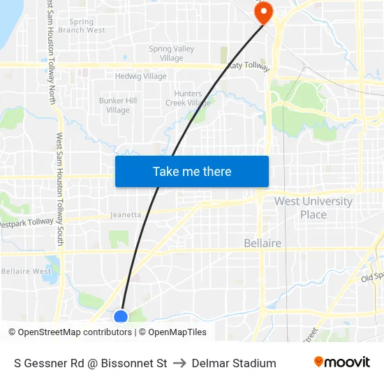 S Gessner Rd @ Bissonnet St to Delmar Stadium map