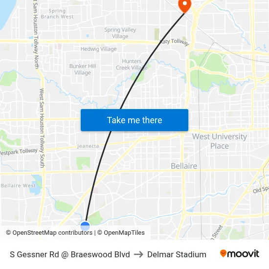 S Gessner Rd @ Braeswood Blvd to Delmar Stadium map