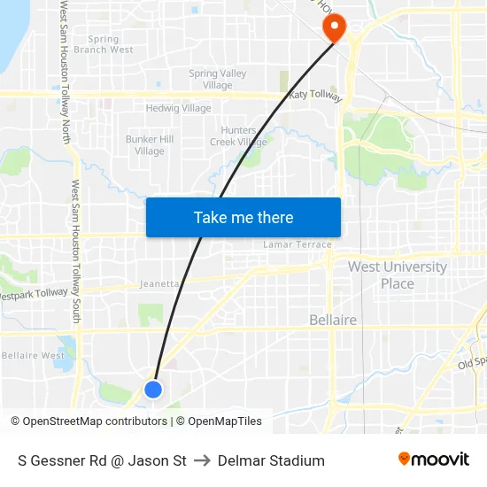 S Gessner Rd @ Jason St to Delmar Stadium map