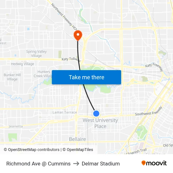 Richmond Ave @ Cummins to Delmar Stadium map