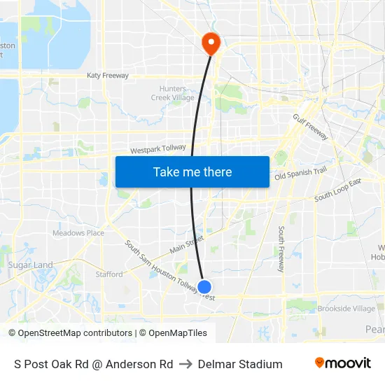 S Post Oak Rd @ Anderson Rd to Delmar Stadium map