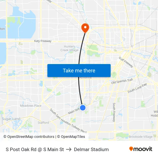 S Post Oak Rd @ S Main St to Delmar Stadium map