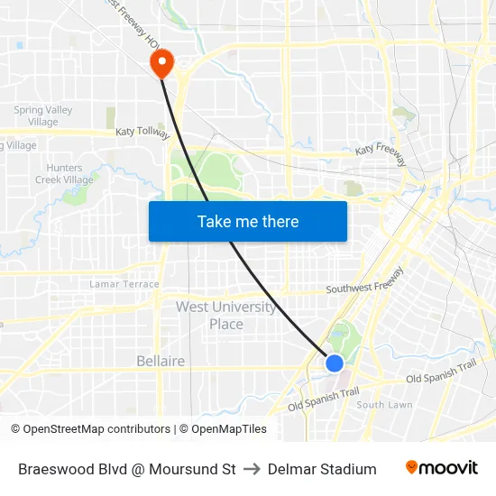 Braeswood Blvd @ Moursund St to Delmar Stadium map