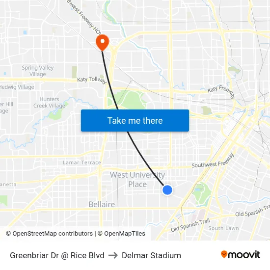 Greenbriar Dr @ Rice Blvd to Delmar Stadium map
