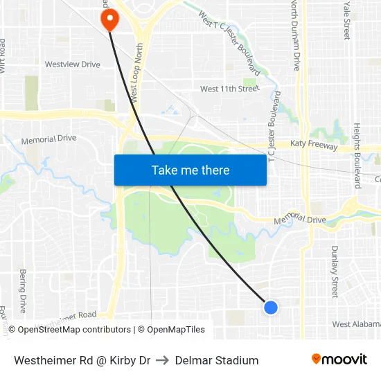 Westheimer Rd @ Kirby Dr to Delmar Stadium map