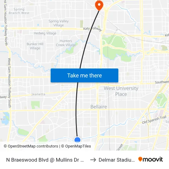 N Braeswood Blvd @ Mullins Dr MB to Delmar Stadium map