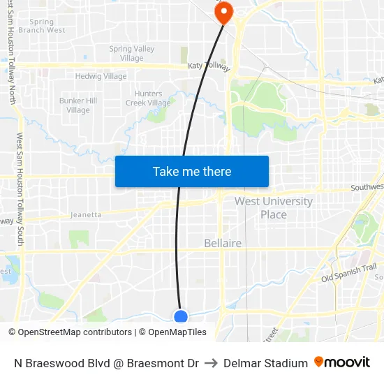 N Braeswood Blvd @ Braesmont Dr to Delmar Stadium map