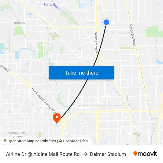Airline Dr @ Aldine Mail Route Rd to Delmar Stadium map