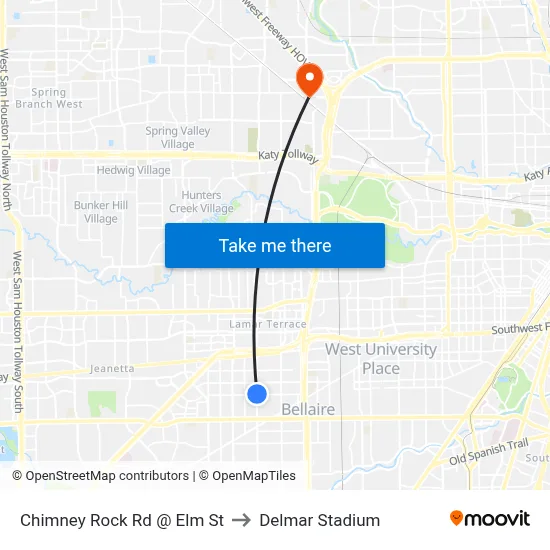 Chimney Rock Rd @ Elm St to Delmar Stadium map