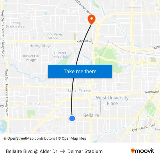 Bellaire Blvd @ Alder Dr to Delmar Stadium map
