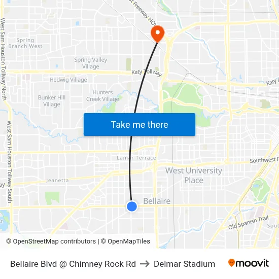 Bellaire Blvd @ Chimney Rock Rd to Delmar Stadium map